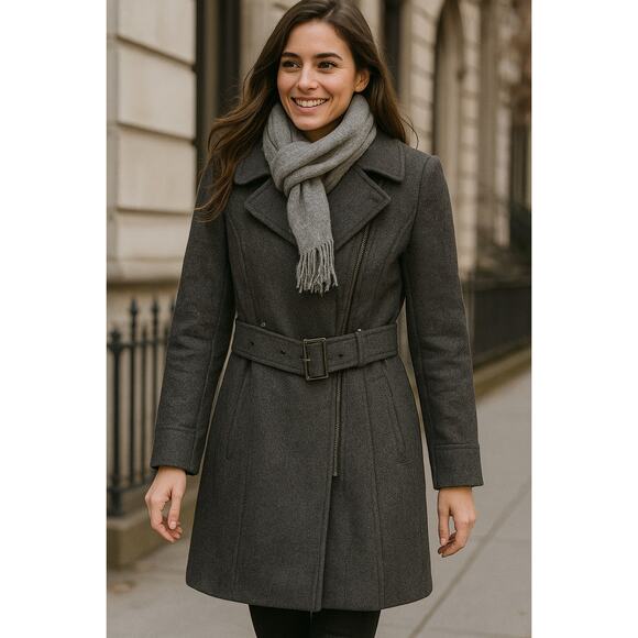 Kenneth Cole New York Wool Blend Gray Belted Coat Women’s 8 - Picture 1 of 12